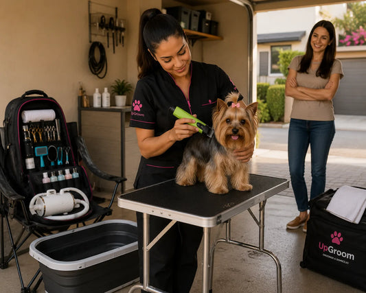 Groomer tosando cão de pequeno porte em mesa portátil na sala da casa do cliente