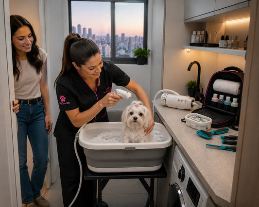 Groomer dando banho em cão pequeno em banheira dobrável em apartamento