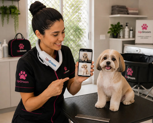 Groomer mostrando resultado de tosa no celular para divulgar o trabalho e conquistar clientes