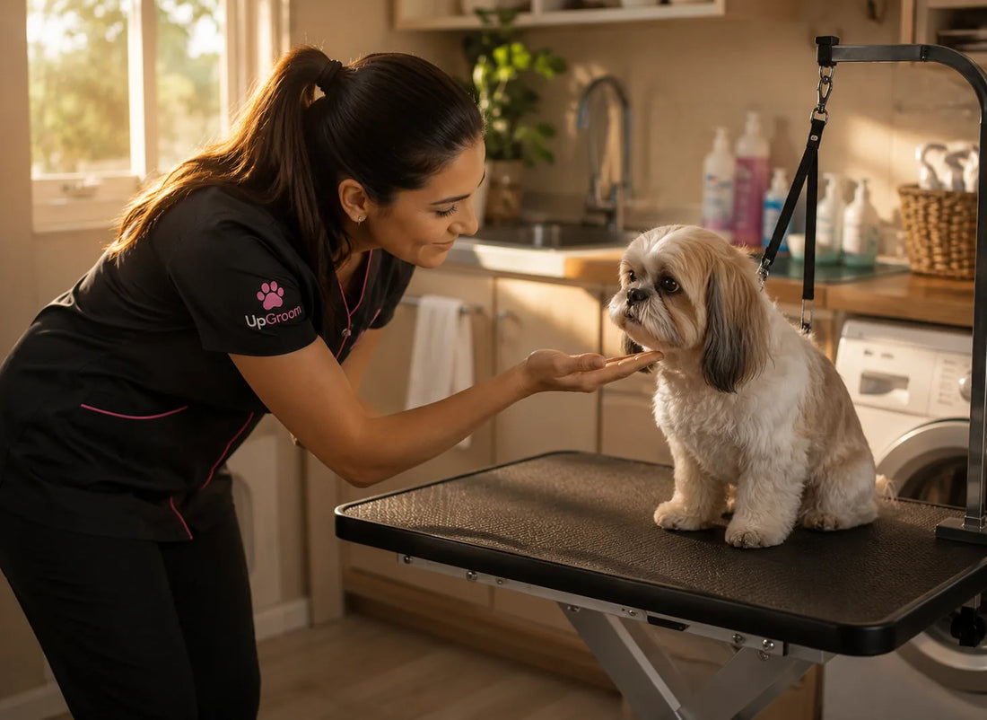 Groomer acalmando cão ansioso na mesa de tosa durante atendimento a domicílio