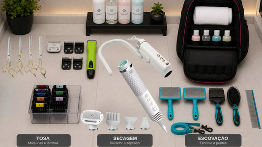 Equipamentos de tosa, secagem e escovação organizados por função em bancada