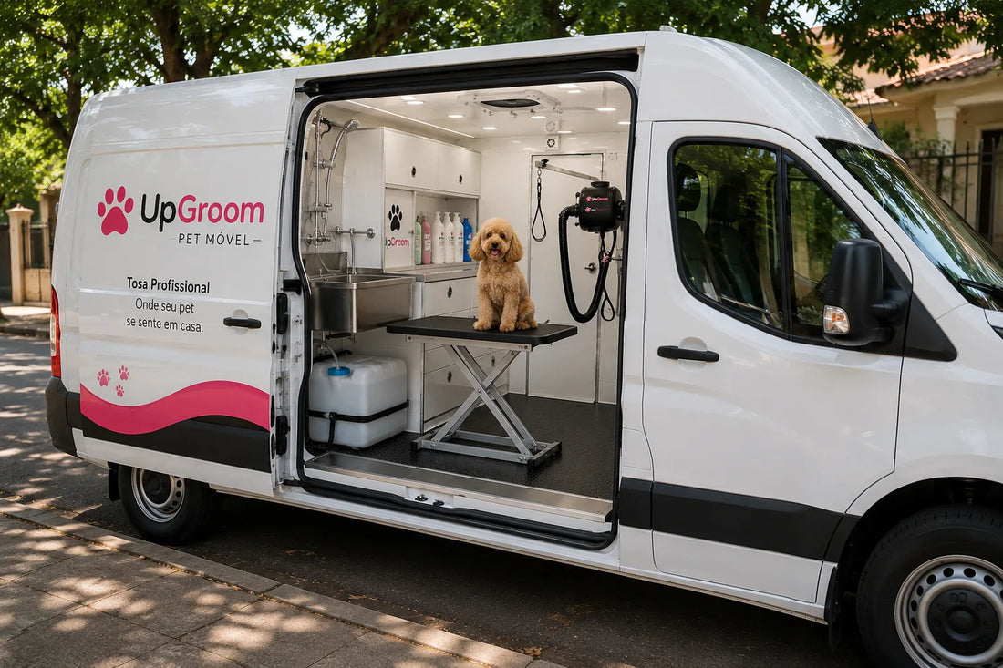 Interior de van pet móvel equipada com água, mesa de tosa e sistema de secagem