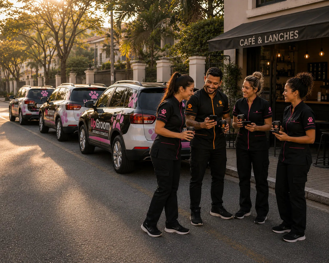 Equipe de groomers a domicílio UpGroom com os carros da frota — comunidade VIP no WhatsApp