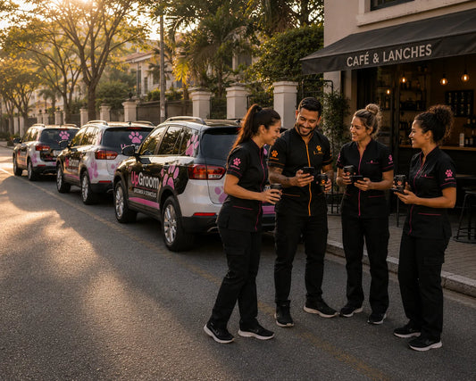 Equipe de groomers a domicílio UpGroom com os carros da frota — comunidade VIP no WhatsApp