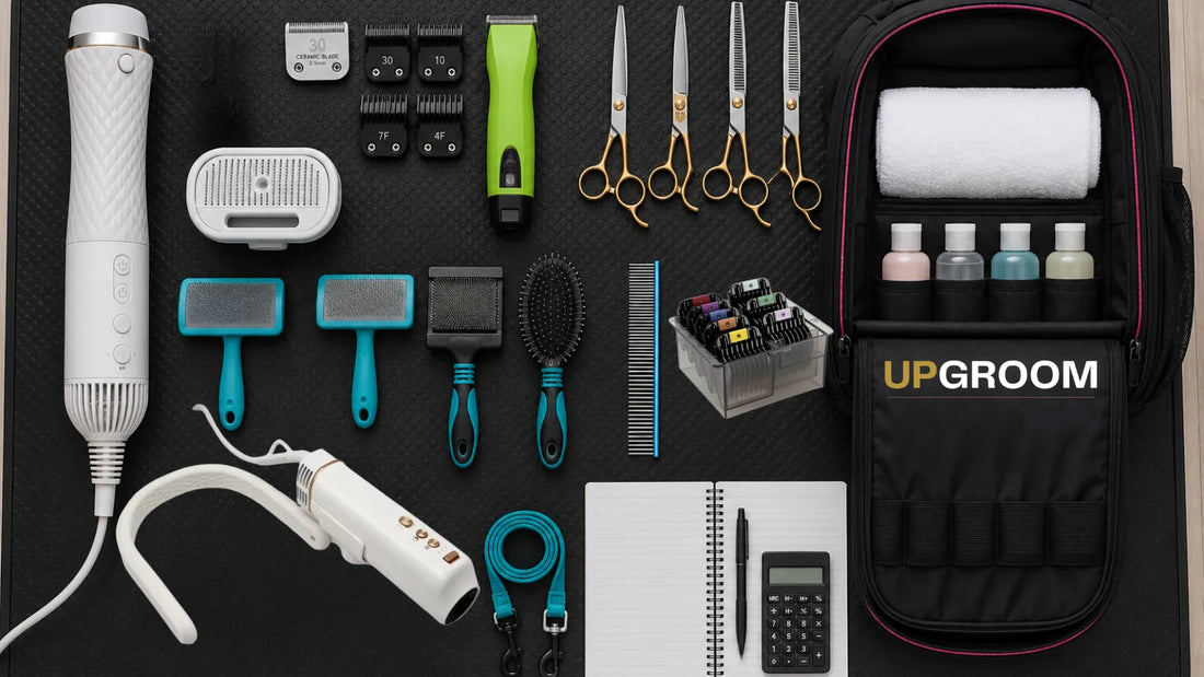Kit completo de groomer iniciante organizado sobre mesa com planejamento de investimento