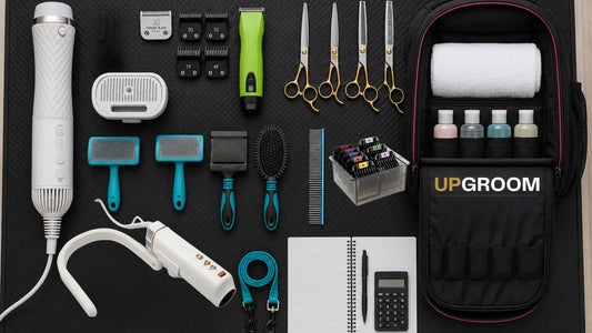 Kit completo de groomer iniciante organizado sobre mesa com planejamento de investimento