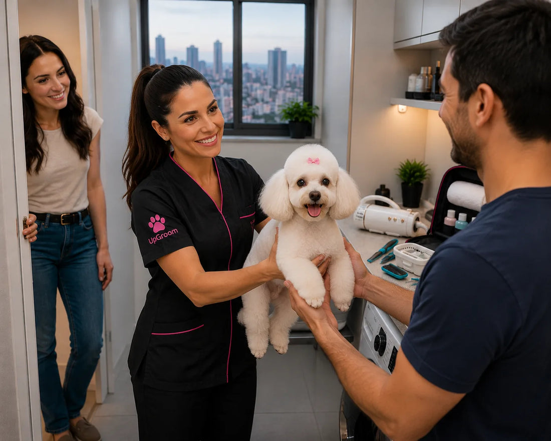 Groomer profissional segurando poodle recém-tosado na porta da casa do cliente