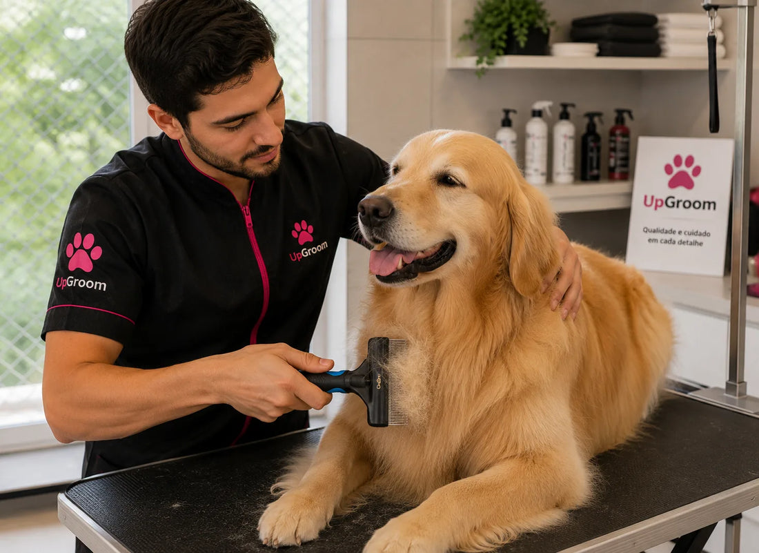 Groomer escovando e desembaraçando pelo longo de golden retriever com rasqueadeira