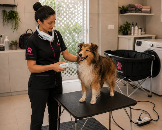Groomer secando cão com soprador em atendimento a domicílio com energia elétrica segura