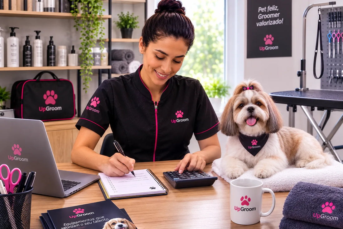 Groomer calculando preços de banho e tosa a domicílio com caderno e calculadora