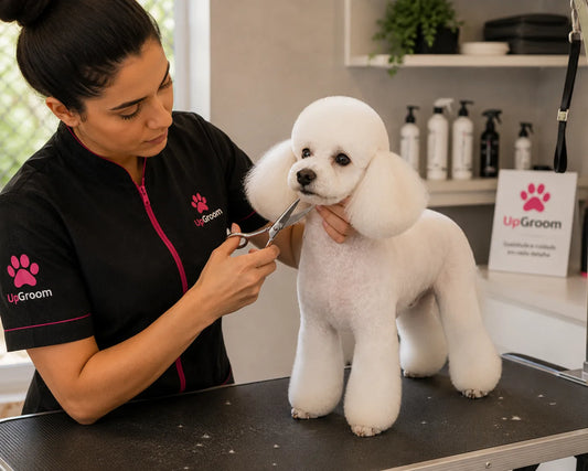 Groomer finalizando acabamento de poodle com tesoura profissional