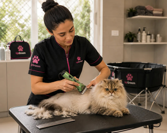 Groomer tosando gato de pelo longo com segurança em atendimento a domicílio