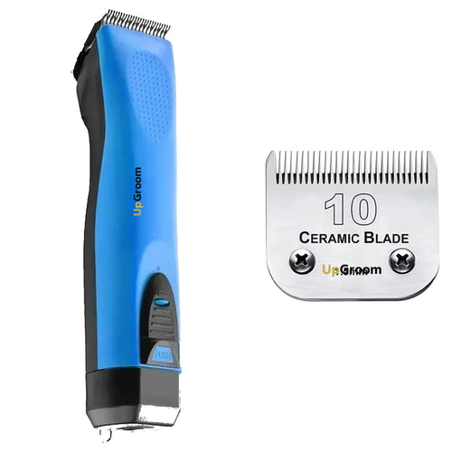 Kit Máquina de Tosa Ultra A5 UpGroom Azul com 1 lâmina de cerâmica exibida ao lado da máquina