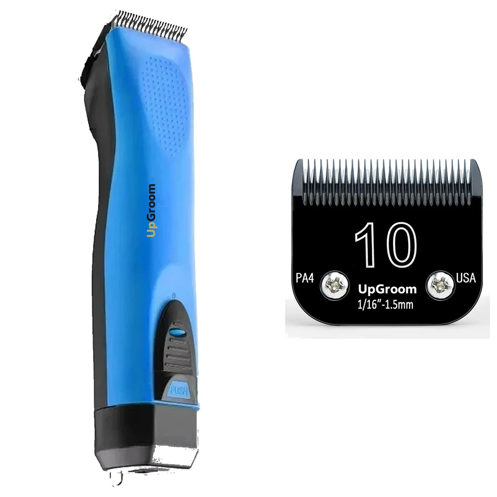 Kit Máquina de Tosa Ultra A5 UpGroom Azul com 1 lâmina de titânio exibida ao lado da máquina