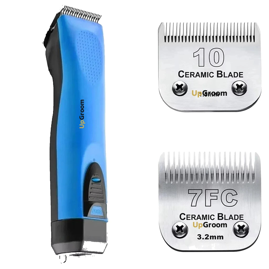 Kit Máquina de Tosa Ultra A5 UpGroom Azul com 2 lâminas de cerâmica exibidas ao lado da máquina