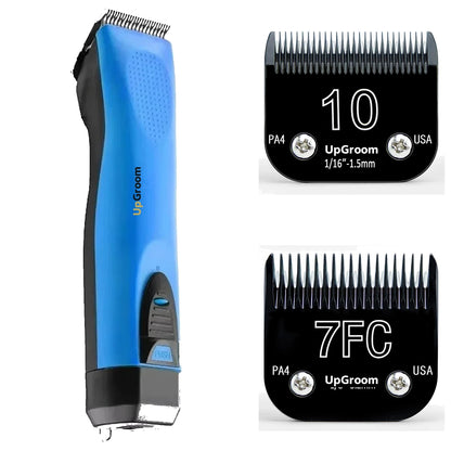 Kit Máquina de Tosa Ultra A5 UpGroom Azul com 2 lâminas de titânio exibidas ao lado da máquina