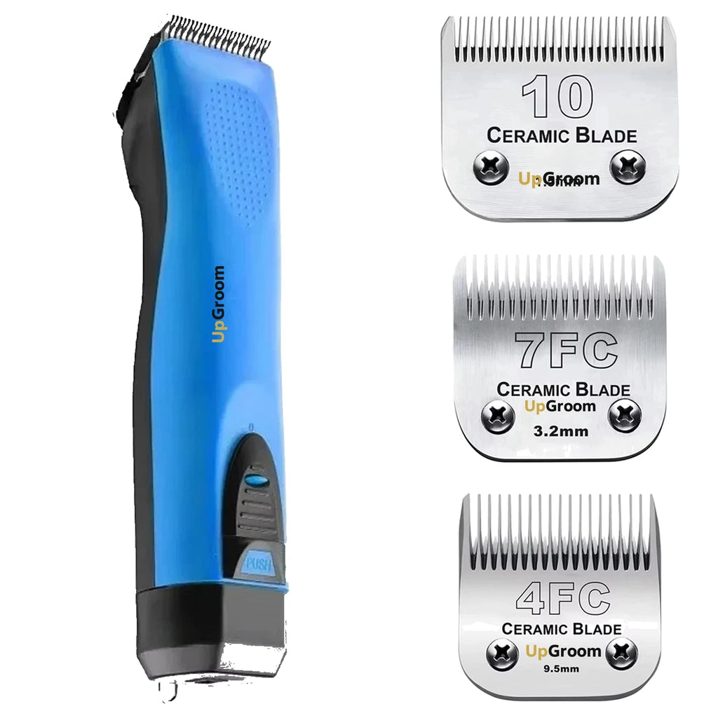 Kit Máquina de Tosa Ultra A5 UpGroom Azul com 3 lâminas de cerâmica exibidas ao lado da máquina