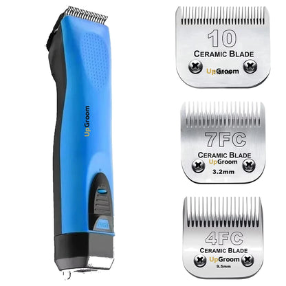 Kit Máquina de Tosa Ultra A5 UpGroom Azul com 3 lâminas de cerâmica exibidas ao lado da máquina