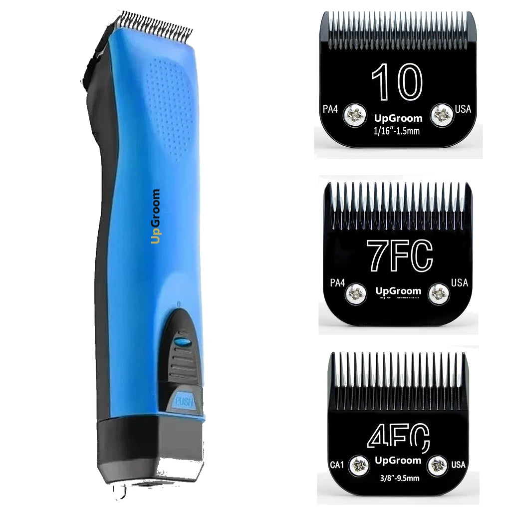 Kit Máquina de Tosa Ultra A5 UpGroom Azul com 3 lâminas de titânio exibidas ao lado da máquina