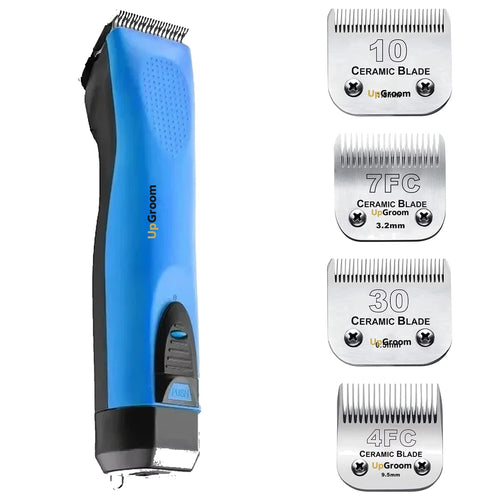 Kit Máquina de Tosa Ultra A5 UpGroom Azul com 4 lâminas de cerâmica exibidas ao lado da máquina