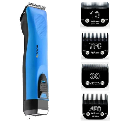 Kit Máquina de Tosa Ultra A5 UpGroom Azul com 4 lâminas de titânio exibidas ao lado da máquina