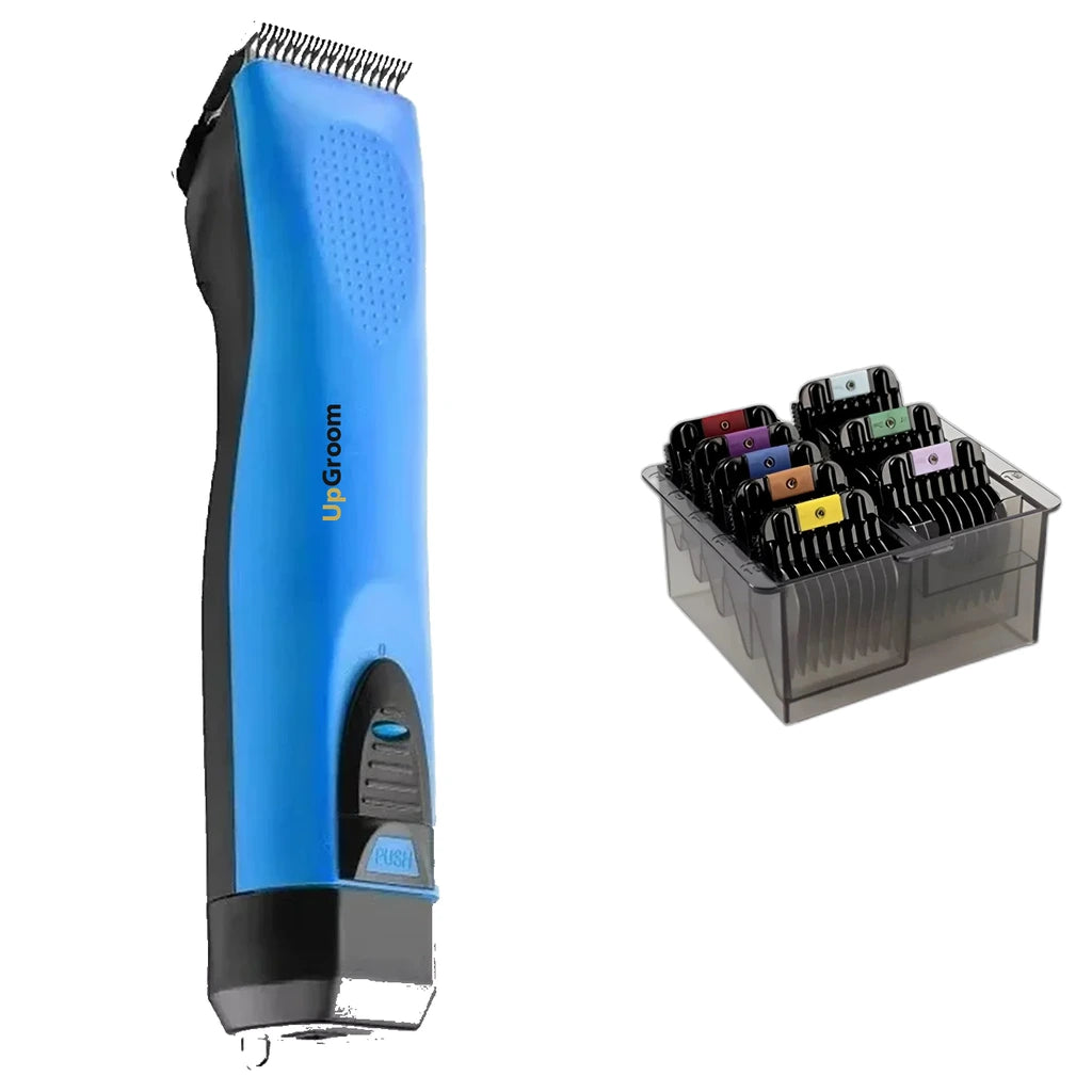 Kit Máquina de Tosa Ultra A5 UpGroom Azul com estojo de 8 pentes adaptadores exibido ao lado da máquina