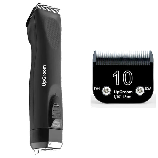Kit Máquina de Tosa Ultra A5 UpGroom Preta com 1 lâmina de titânio exibida ao lado da máquina