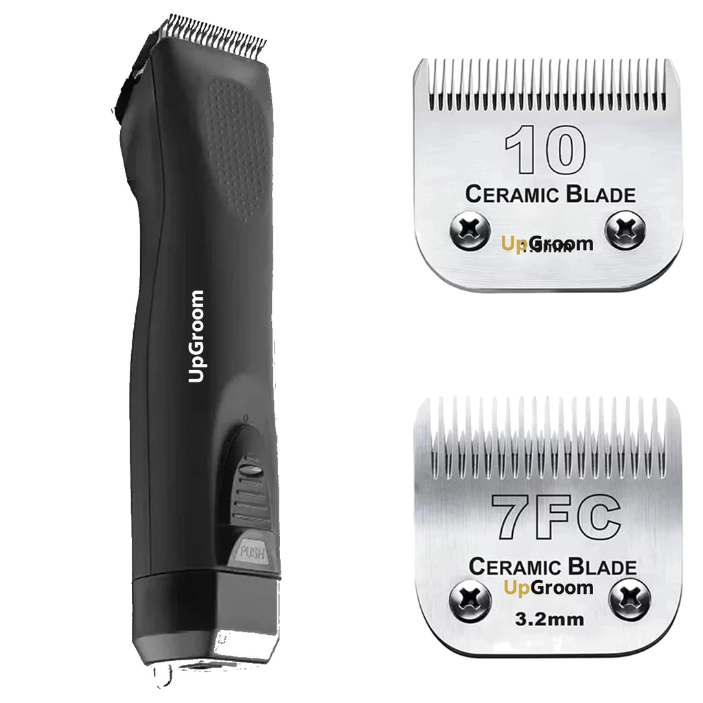 Kit Máquina de Tosa Ultra A5 UpGroom Preta com 2 lâminas de cerâmica exibidas ao lado da máquina
