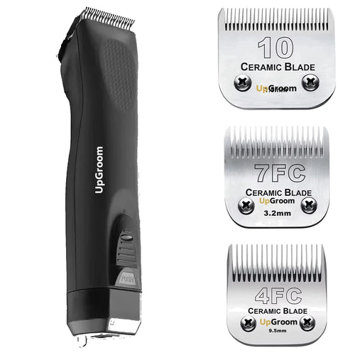 Kit Máquina de Tosa Ultra A5 UpGroom Preta com 3 lâminas de cerâmica exibidas ao lado da máquina