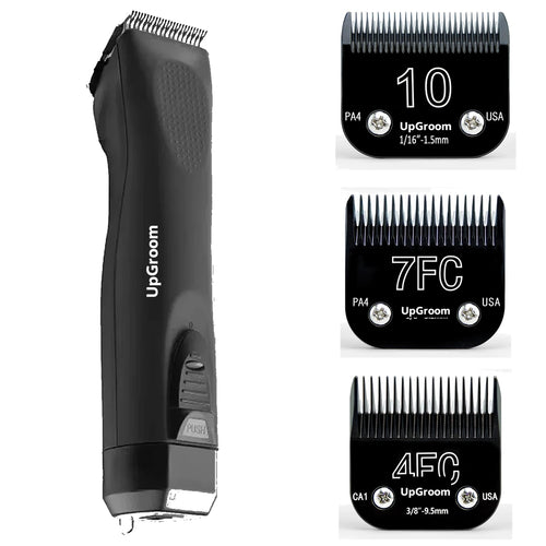 Kit Máquina de Tosa Ultra A5 UpGroom Preta com 3 lâminas de titânio exibidas ao lado da máquina