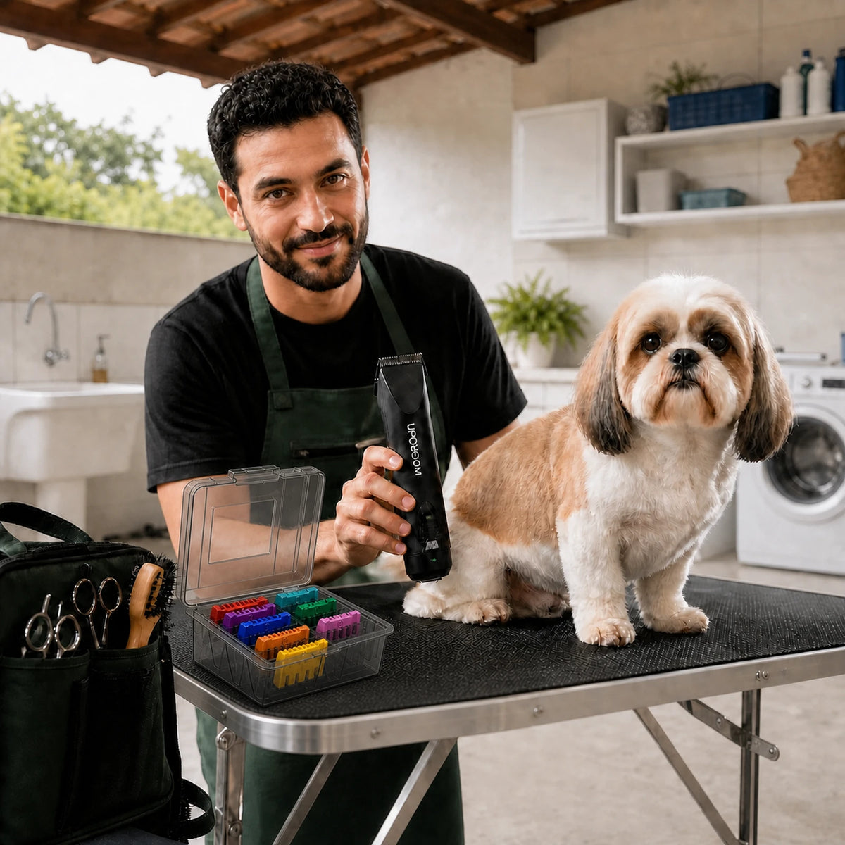 Groomer utilizando a Máquina de Tosa Ultra A5 UpGroom Preta durante atendimento, com estojo de pentes ao lado