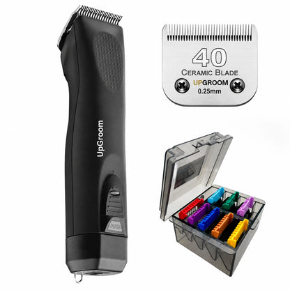 Kit Máquina de Tosa Ultra A5 UpGroom Preta com lâmina Nº40 e estojo de 8 pentes adaptadores