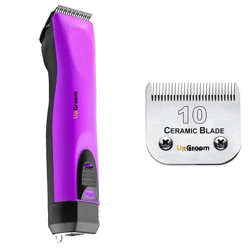 Kit Máquina de Tosa Ultra A5 UpGroom Roxa com 1 lâmina de cerâmica exibida ao lado da máquina