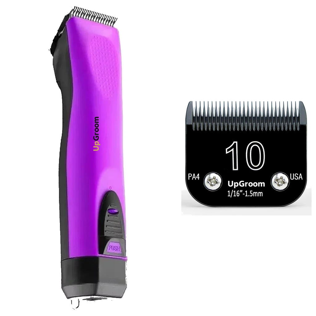 Kit Máquina de Tosa Ultra A5 UpGroom Roxa com 1 lâmina de titânio exibida ao lado da máquina