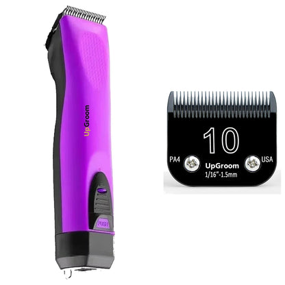 Kit Máquina de Tosa Ultra A5 UpGroom Roxa com 1 lâmina de titânio exibida ao lado da máquina