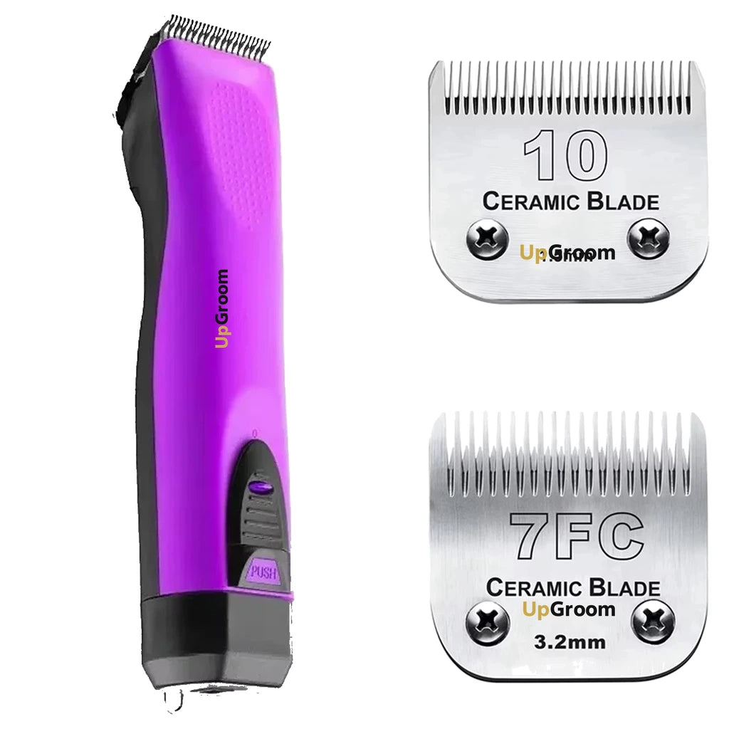 Kit Máquina de Tosa Ultra A5 UpGroom Roxa com 2 lâminas de cerâmica exibidas ao lado da máquina
