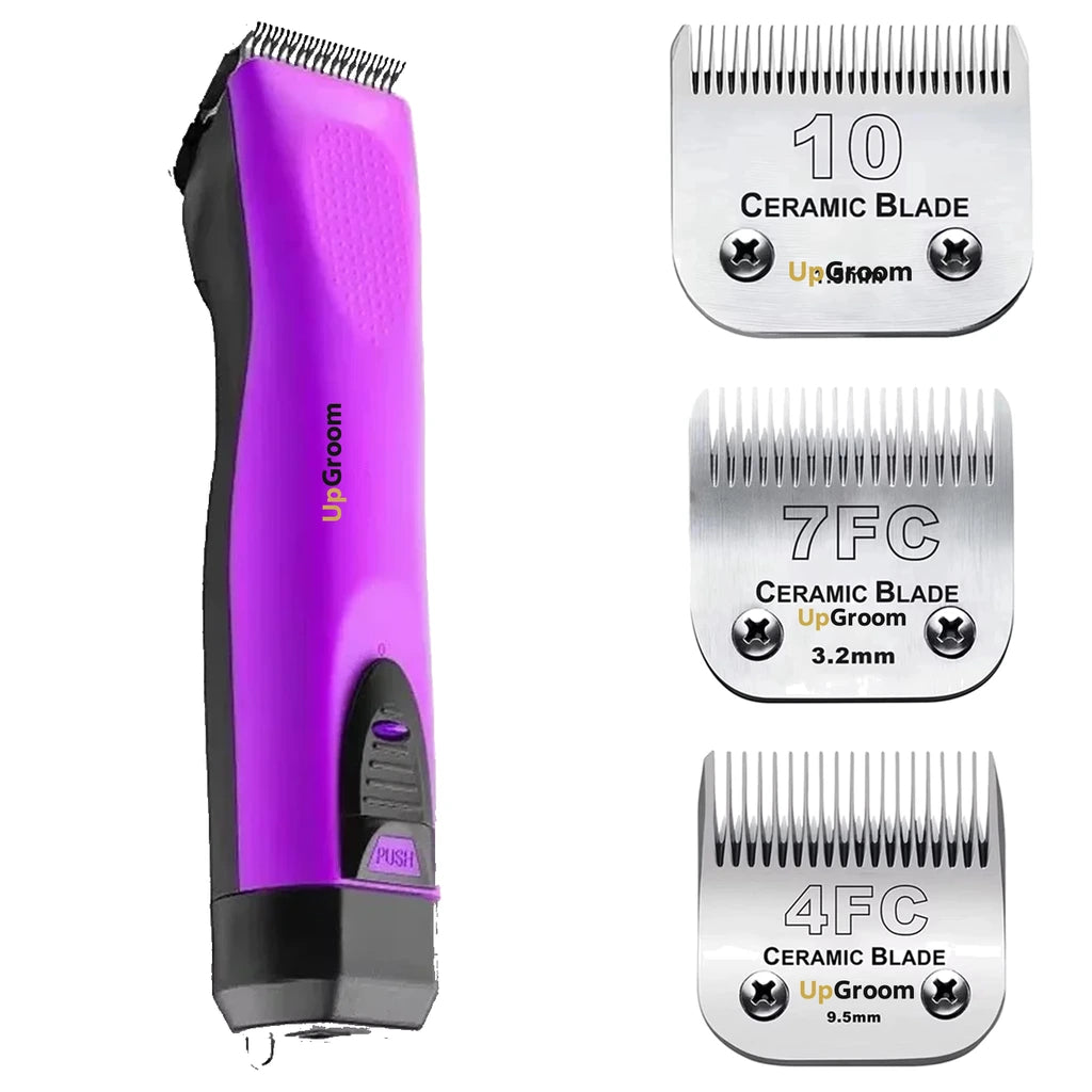 Kit Máquina de Tosa Ultra A5 UpGroom Roxa com 3 lâminas de cerâmica exibidas ao lado da máquina