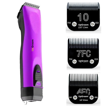 Kit Máquina de Tosa Ultra A5 UpGroom Roxa com 3 lâminas de titânio exibidas ao lado da máquina