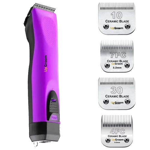 Kit Máquina de Tosa Ultra A5 UpGroom Roxa com 4 lâminas de cerâmica exibidas ao lado da máquina
