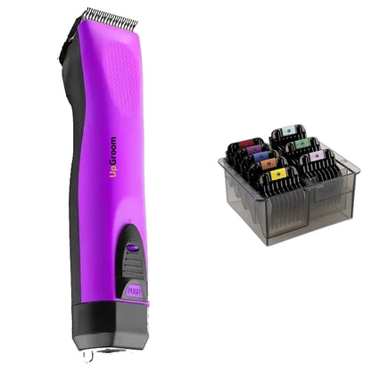 Kit Máquina de Tosa Ultra A5 UpGroom Roxa com estojo de 8 pentes adaptadores exibido ao lado da máquina