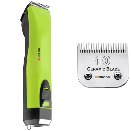 Kit Máquina de Tosa Ultra A5 UpGroom Verde com 1 lâmina de cerâmica exibida ao lado da máquina