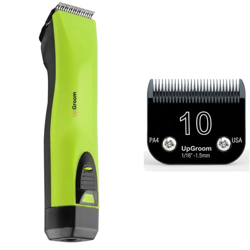Kit Máquina de Tosa Ultra A5 UpGroom Verde com 1 lâmina de titânio exibida ao lado da máquina