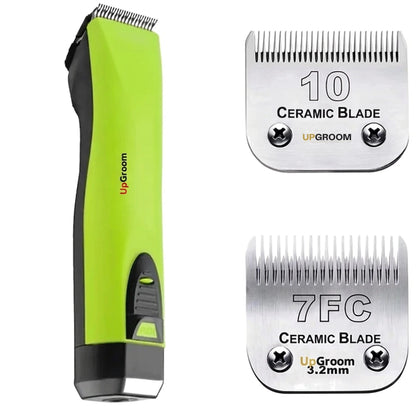 Kit Máquina de Tosa Ultra A5 UpGroom Verde com 2 lâminas de cerâmica exibidas ao lado da máquina