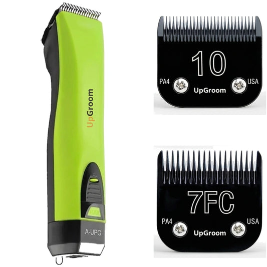 Kit Máquina de Tosa Ultra A5 UpGroom Verde com 2 lâminas de titânio exibidas ao lado da máquina