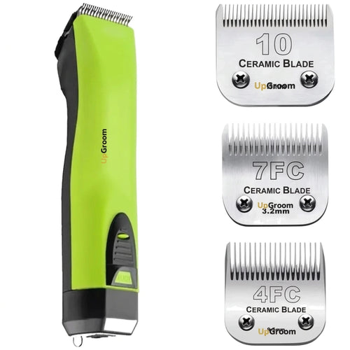 Kit Máquina de Tosa Ultra A5 UpGroom Verde com 3 lâminas de cerâmica exibidas ao lado da máquina
