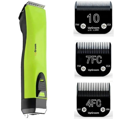 Kit Máquina de Tosa Ultra A5 UpGroom Verde com 3 lâminas de titânio exibidas ao lado da máquina