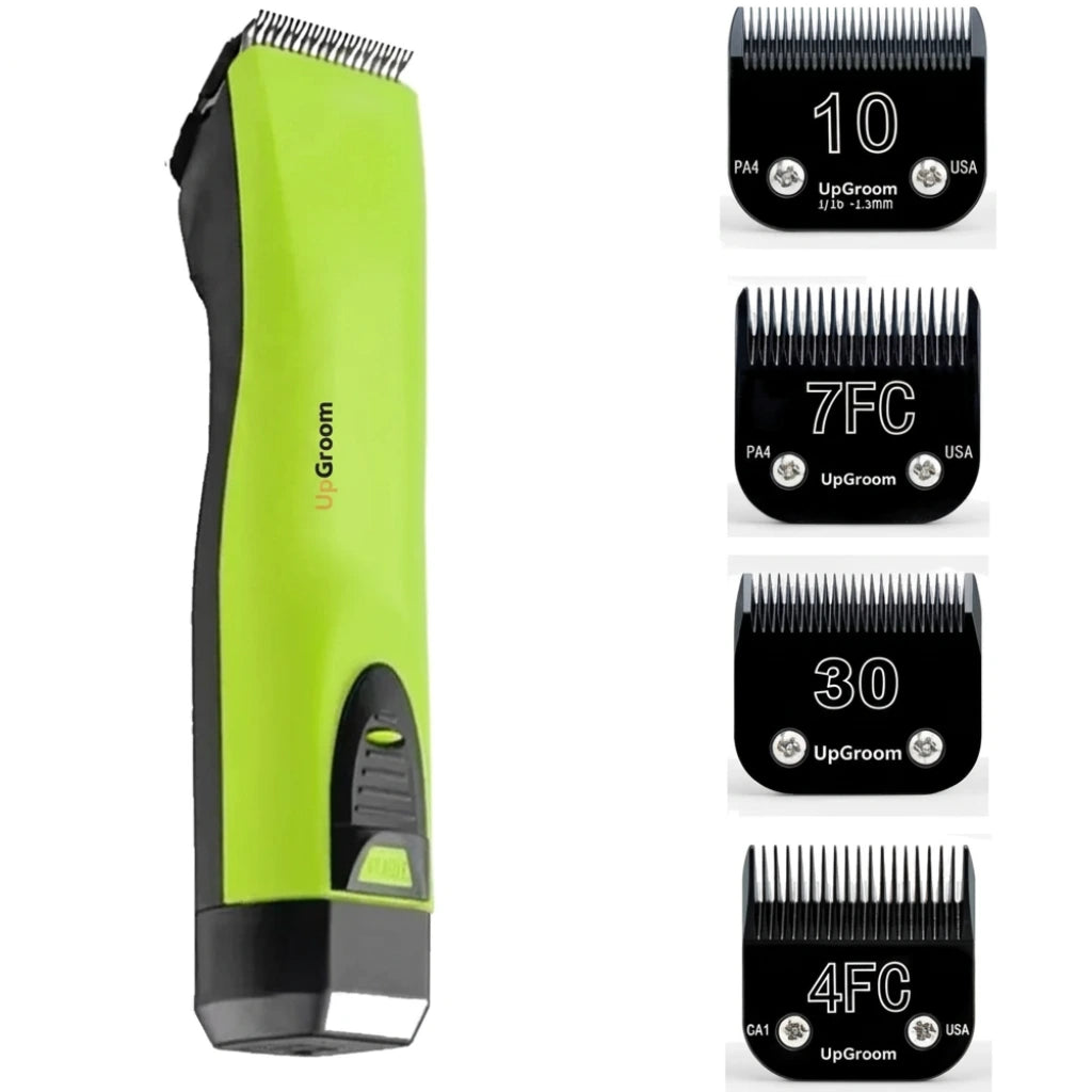 Kit Máquina de Tosa Ultra A5 UpGroom Verde com 4 lâminas de titânio exibidas ao lado da máquina