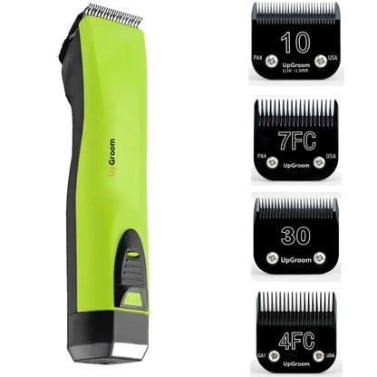 Kit Máquina de Tosa Ultra A5 UpGroom Verde com 4 lâminas de titânio exibidas ao lado da máquina