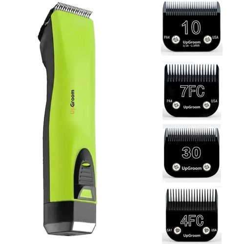 Kit Máquina de Tosa Ultra A5 UpGroom Verde com 4 lâminas de titânio exibidas ao lado da máquina
