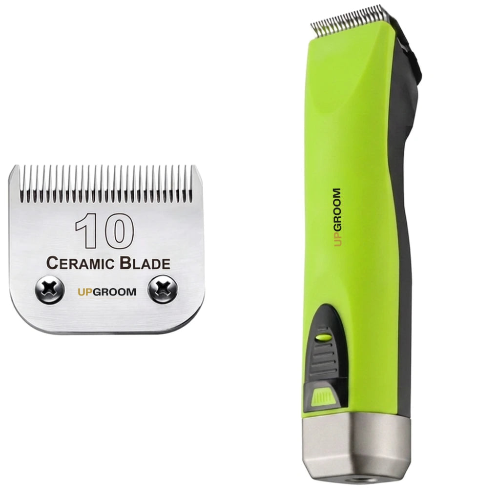Máquina de Tosa Ultra A5 UpGroom Verde com lâmina de cerâmica Nº10, outro ângulo do kit